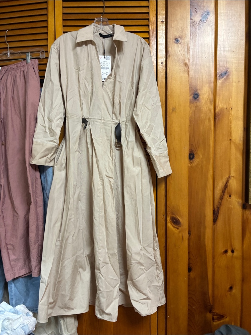 Zara Light Beige Maxi Shirt Dress with Waist Tie length 50” pit to pit 17”